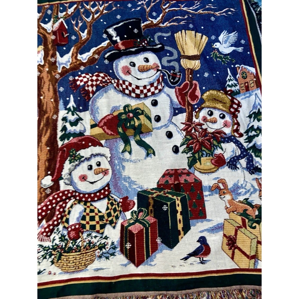 Vintage Crown Crafts Snowman Christmas Woven Tapestry Blanket Throw Holiday EUC